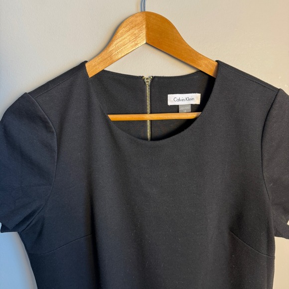 Calvin Klein Black Sheath Dress with Striped Hem Size 12 Jersey Casual Rear Zip - Picture 5 of 16